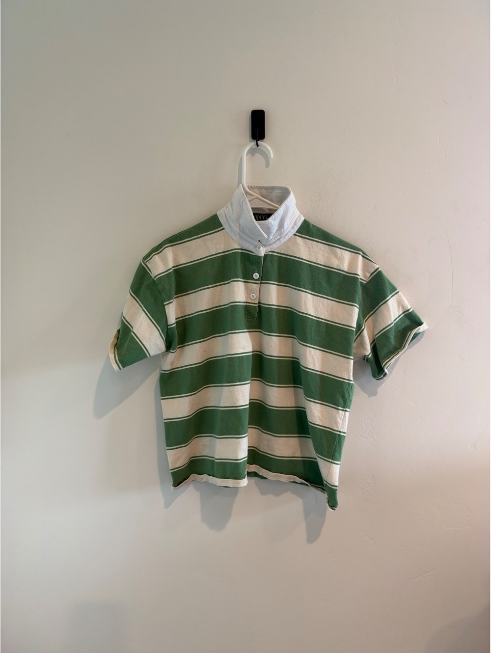 Vinyl Icons Green & White Striped Polo Shirt Women’s Medium Retro Preppy Top